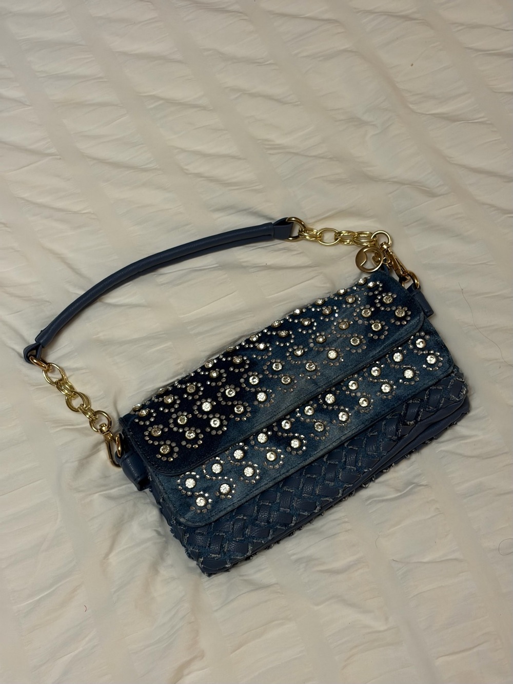 Embellished Navy denim & Leather Shoulder Bag